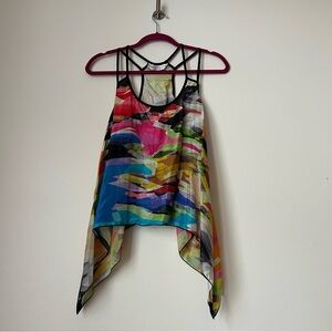 Trina Turk 100% Silk Geometric Print Asymmetrical Tank Top Shark Bite Hem